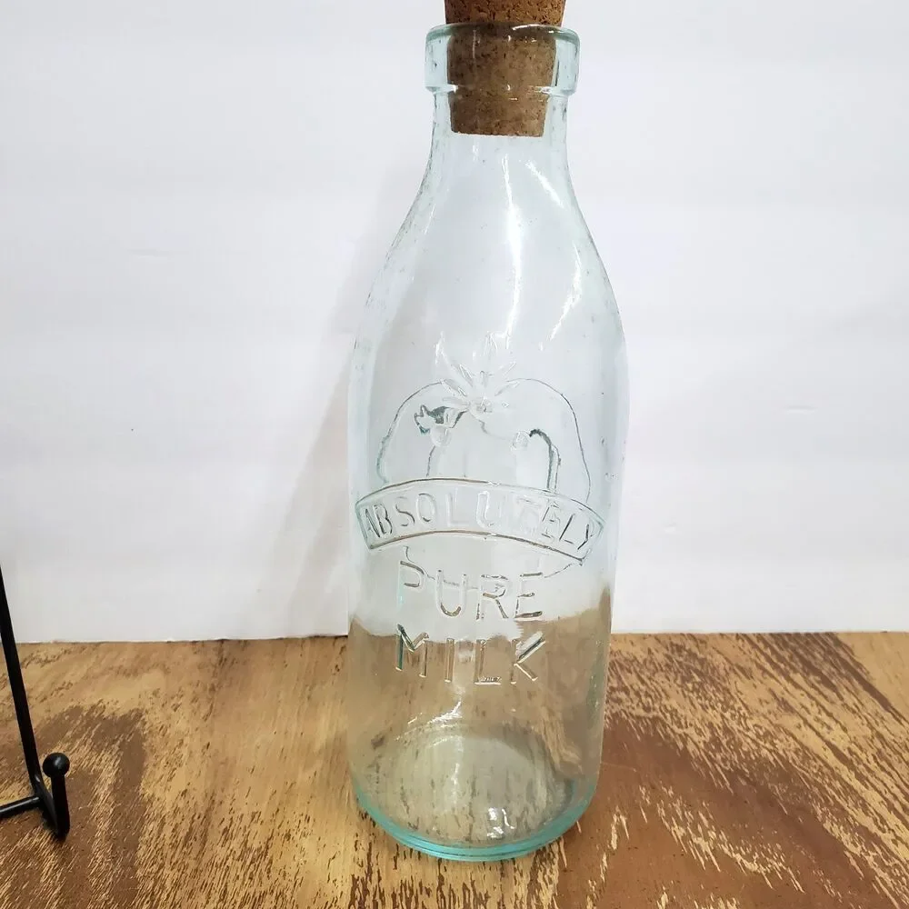 Vintage Absolutely Pure Milk Glass Bottle Embossed Cow Made in Italy Quart Cork